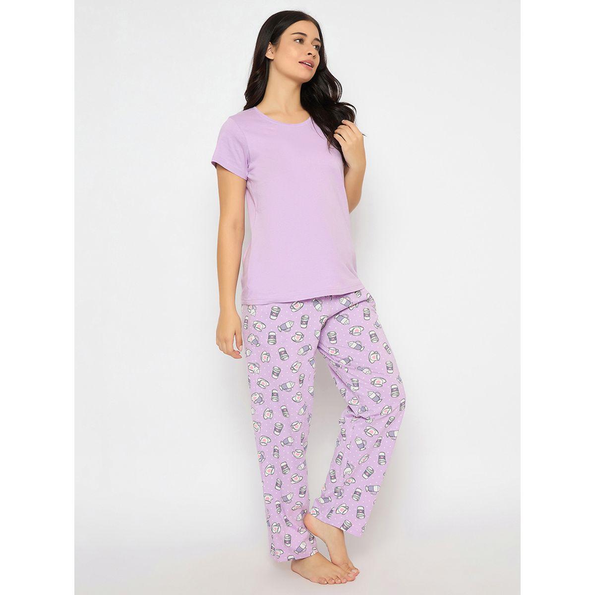 Clovia Solid Round Neck T-Shirt and Printed Pyjama Set-women-clothing-nightwear-pyjamas-longsets-image-4