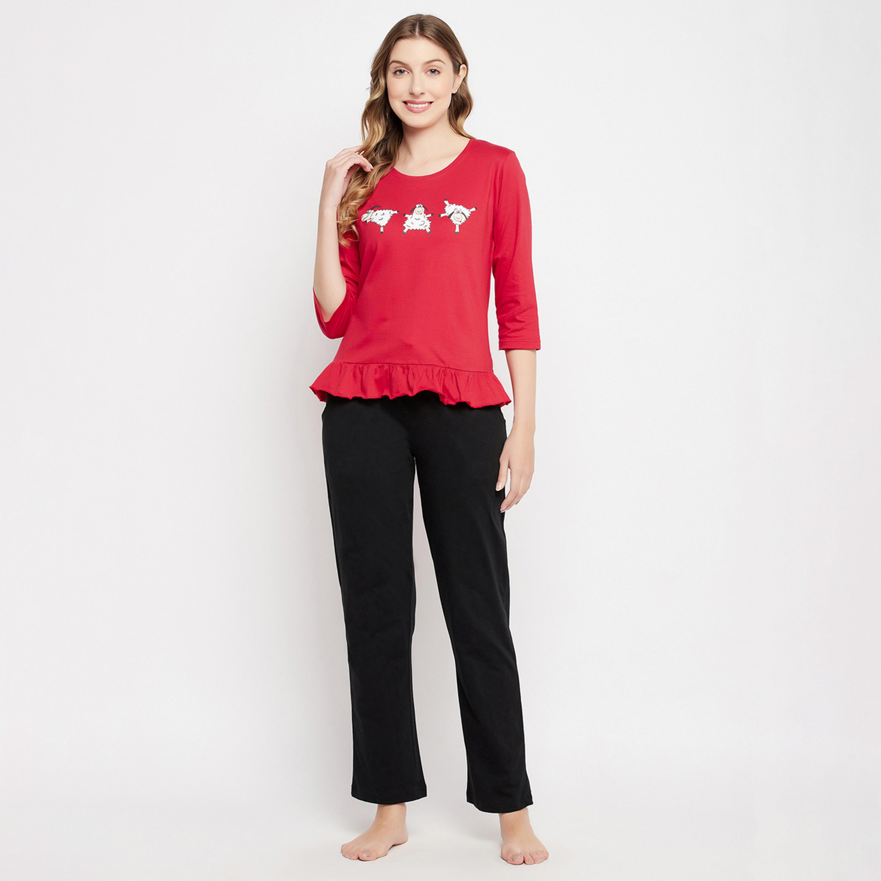 Clovia Graphic Print Ruffled Hem Top and Pyjama Set-women-clothing-nightwear-pyjamas-longsets-image-1