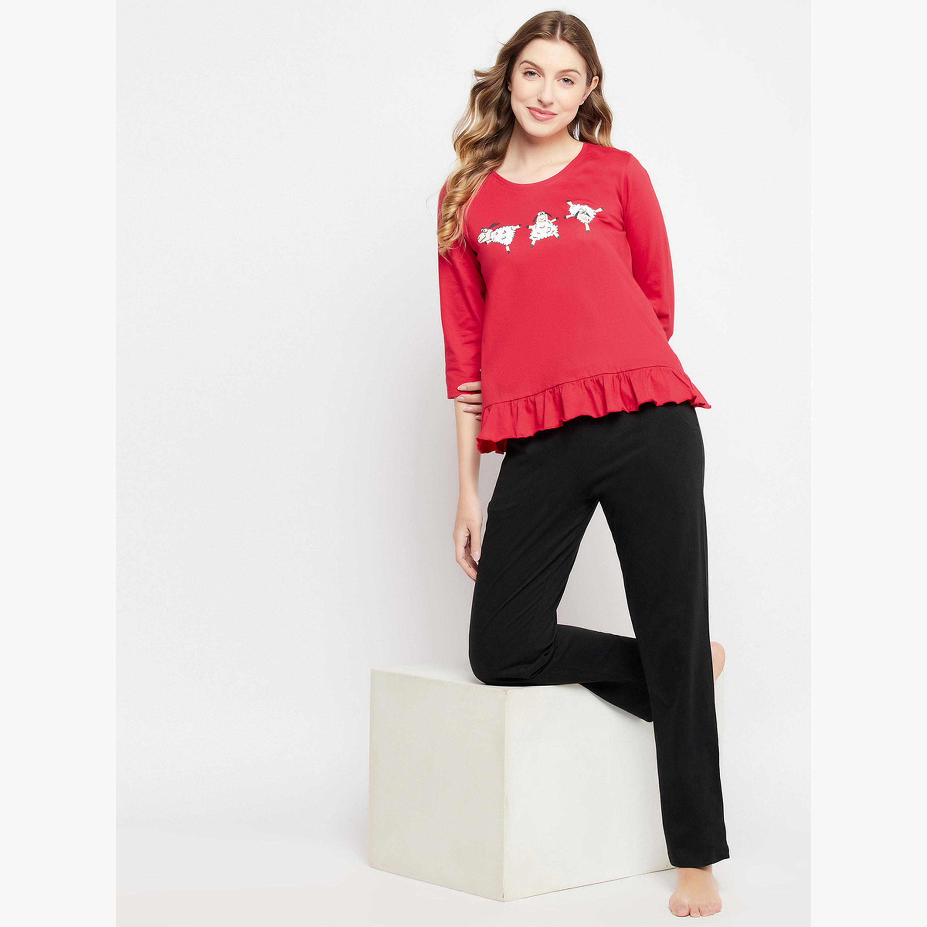 Clovia Graphic Print Ruffled Hem Top and Pyjama Set-women-clothing-nightwear-pyjamas-longsets-image-2