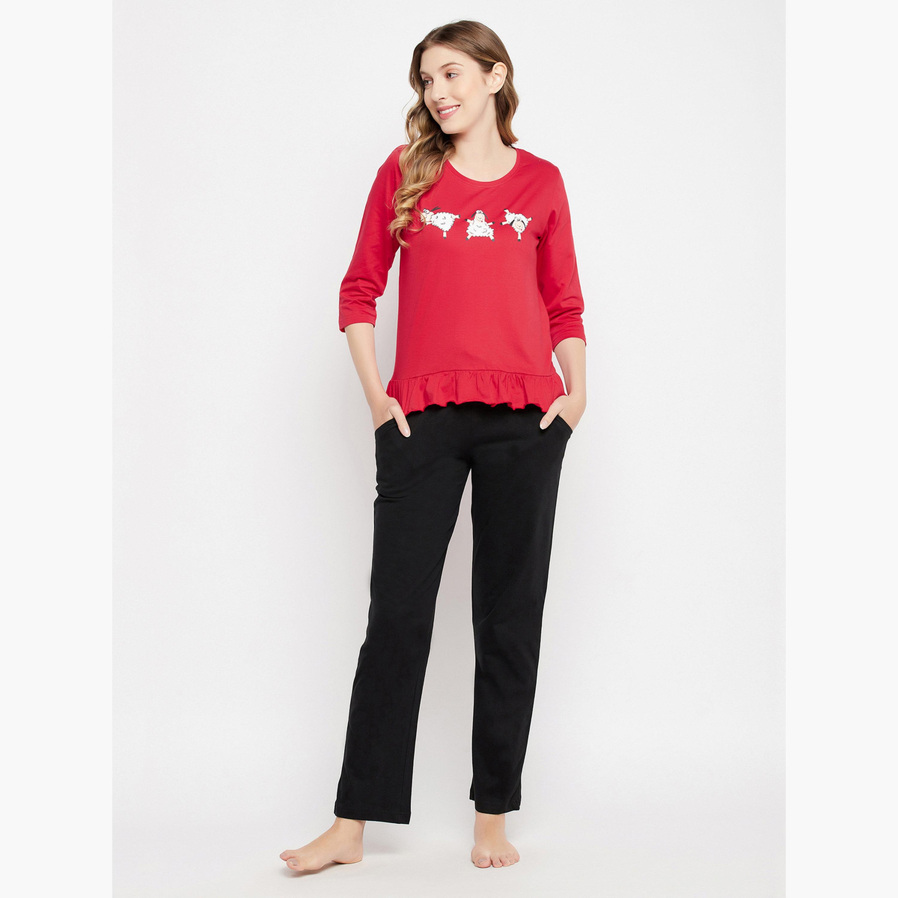 كلوفيا - بيجاما قميص بطبعة جرافيكية مع حافة مكشكشة-women-clothing-nightwear-pyjamas-longsets-image-3