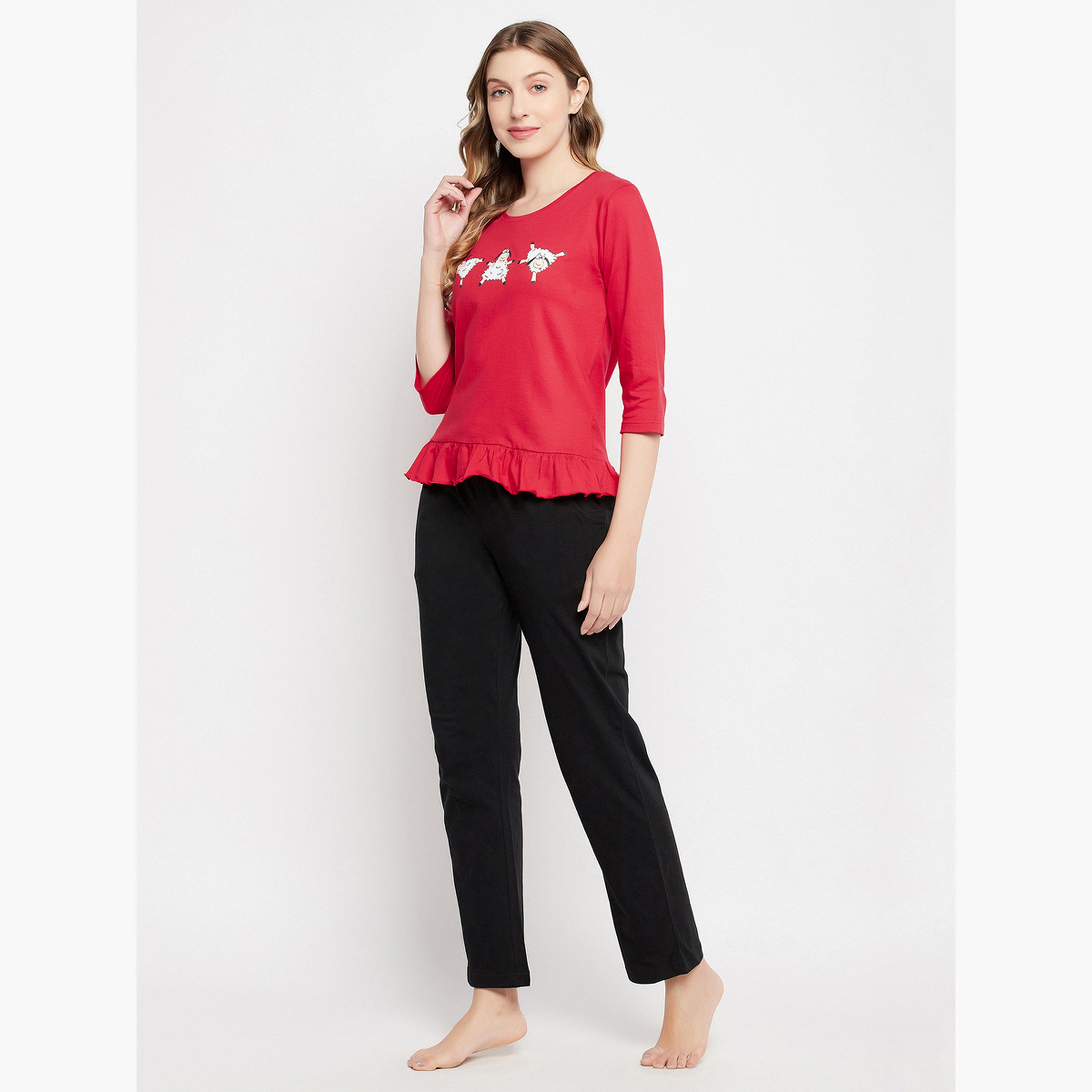 Clovia Graphic Print Ruffled Hem Top and Pyjama Set-women-clothing-nightwear-pyjamas-longsets-image-4