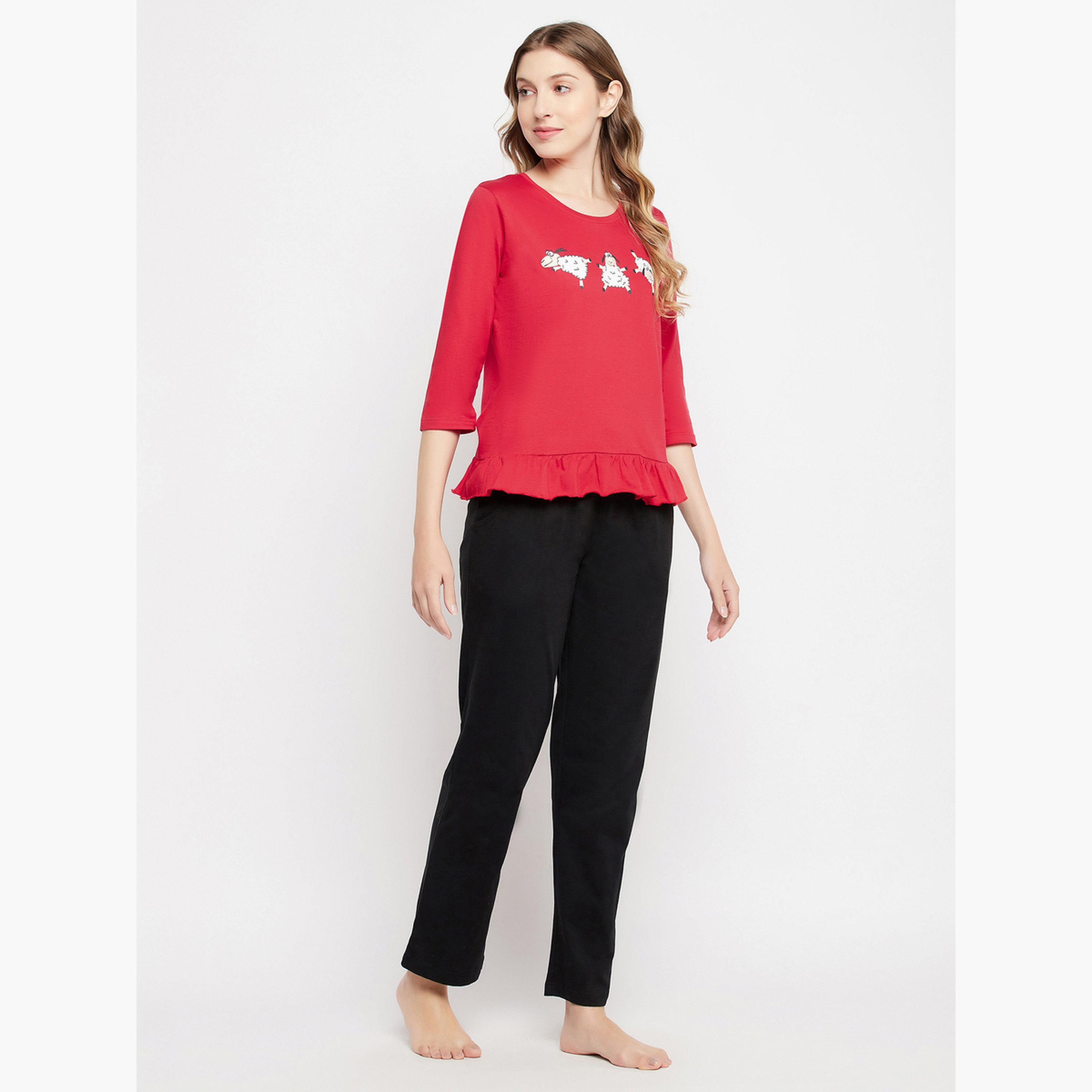 Clovia Graphic Print Ruffled Hem Top and Pyjama Set-women-clothing-nightwear-pyjamas-longsets-image-5