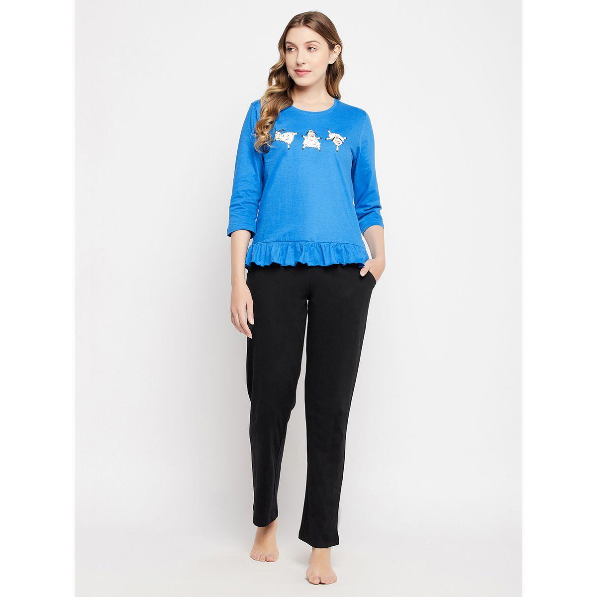 Clovia Graphic Print Ruffled Hem Cotton Top and Pyjama Set-women-clothing-nightwear-pyjamas-longsets-image-1