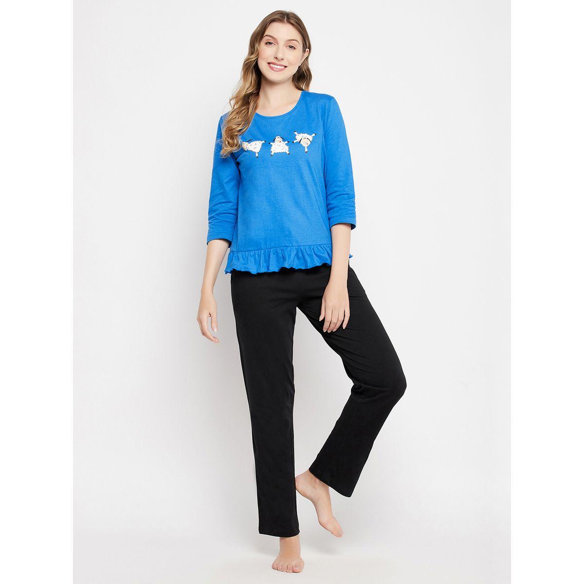 Clovia Graphic Print Ruffled Hem Cotton Top and Pyjama Set-women-clothing-nightwear-pyjamas-longsets-image-2