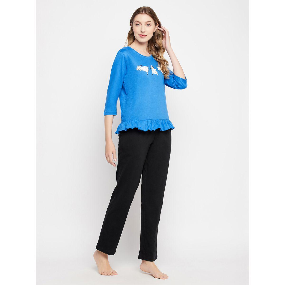 Clovia Graphic Print Ruffled Hem Cotton Top and Pyjama Set-women-clothing-nightwear-pyjamas-longsets-image-4