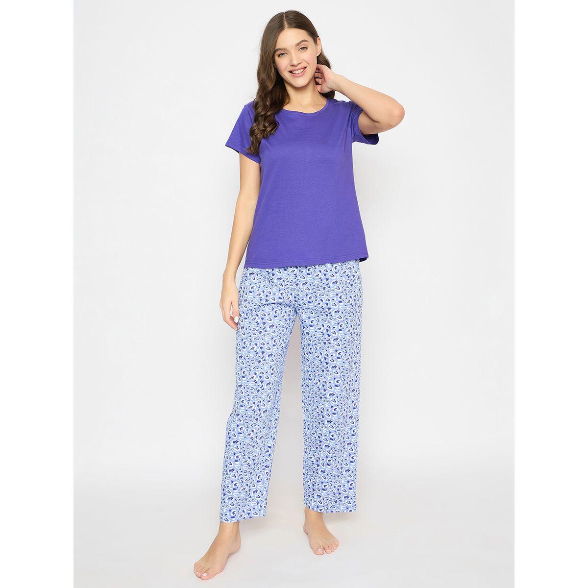 Clovia Solid Round Neck T-Shirt and Printed Pyjama Set-women-clothing-nightwear-pyjamas-longsets-image-2
