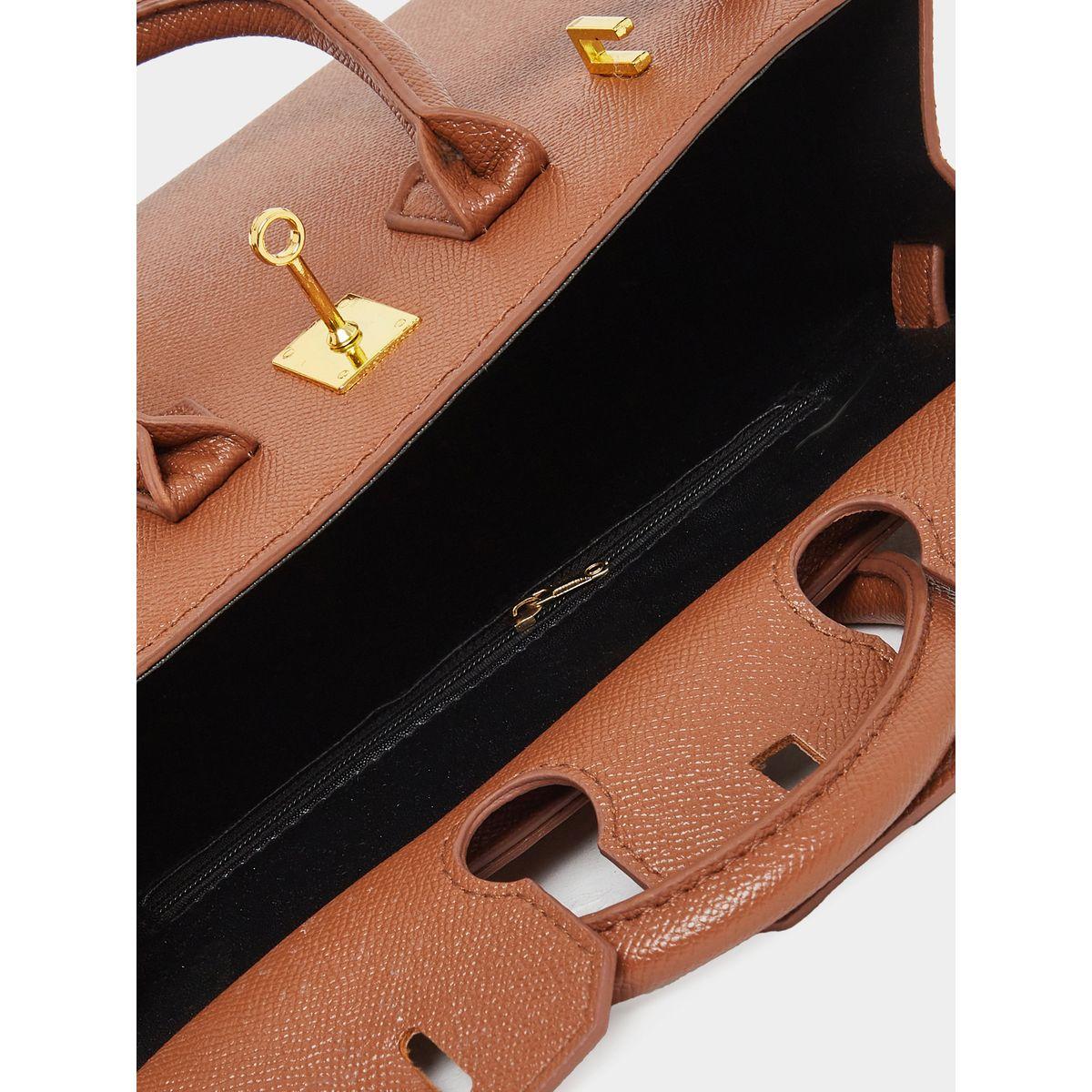 Styli Brown Twist Lock Handbag with Purse Charm-women-bagsandwallets-handbags-image-4