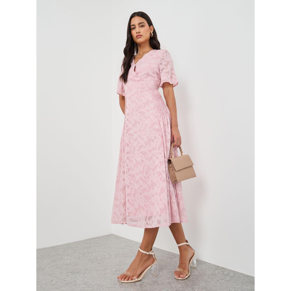 Styli Texture Pleated V-Neck Short Sleeve Midi Dress-women-clothing-dresses-image-1