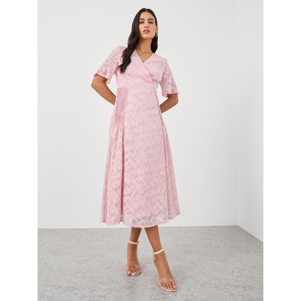 فستان ميدي بتفاصيل بارزة الملمس وأكمام قصيرة-women-clothing-dresses-image-2