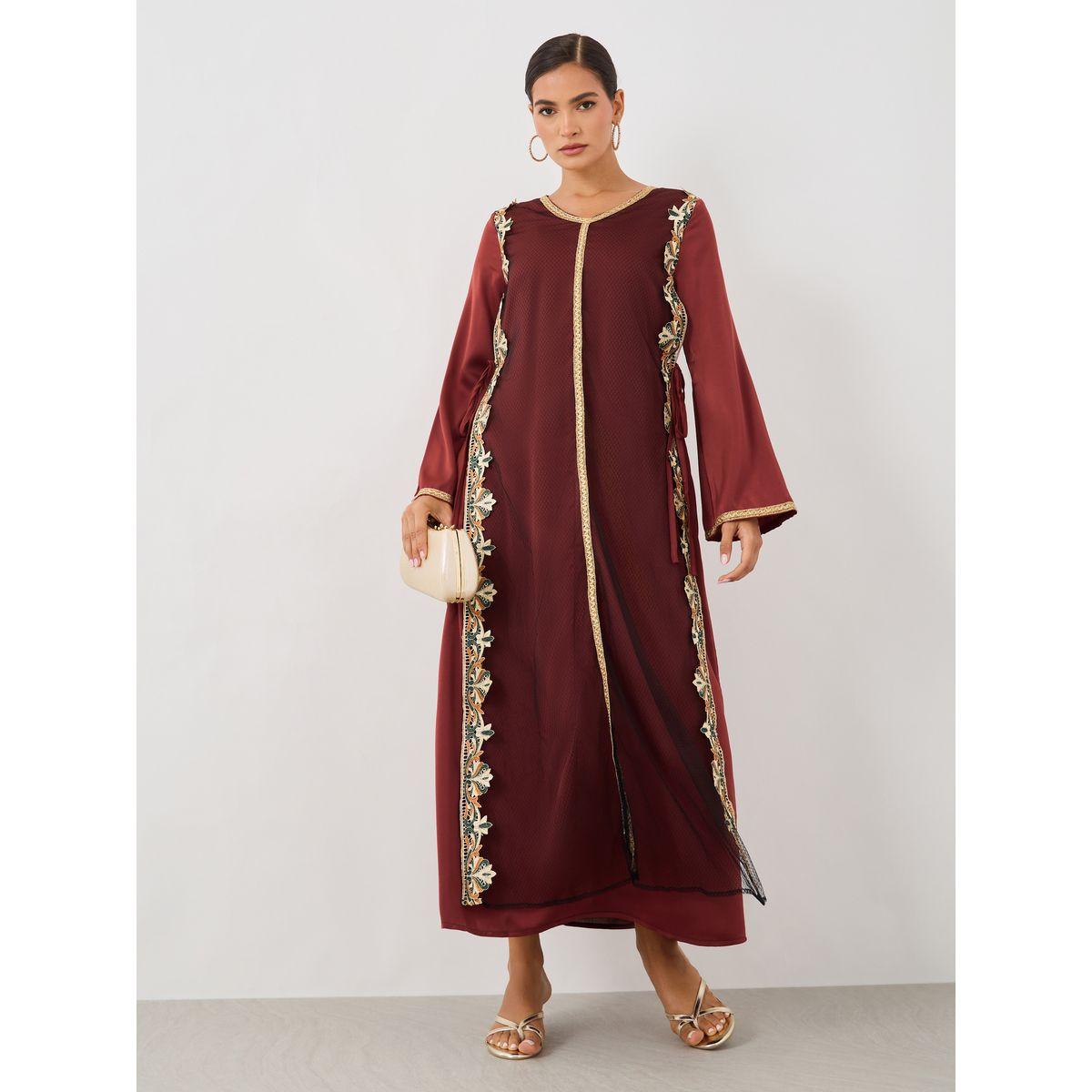Styli Lace Trim Long Sleeve A-Line Jalabiya-women-arabicclothing-jalabiyas-image-1