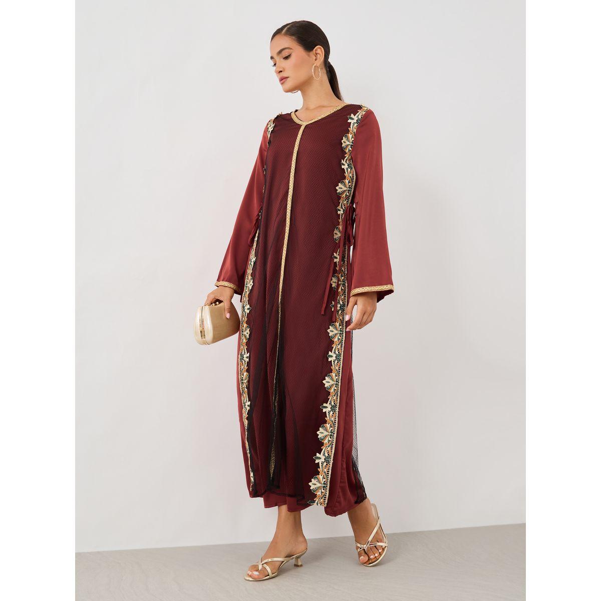 Styli Lace Trim Long Sleeve A-Line Jalabiya-women-arabicclothing-jalabiyas-image-2