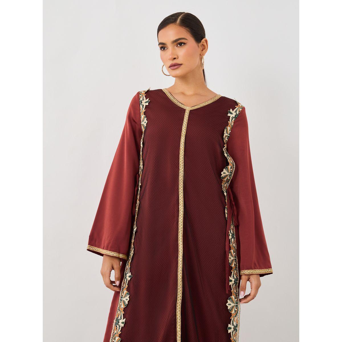 Styli Lace Trim Long Sleeve A-Line Jalabiya-women-arabicclothing-jalabiyas-image-3