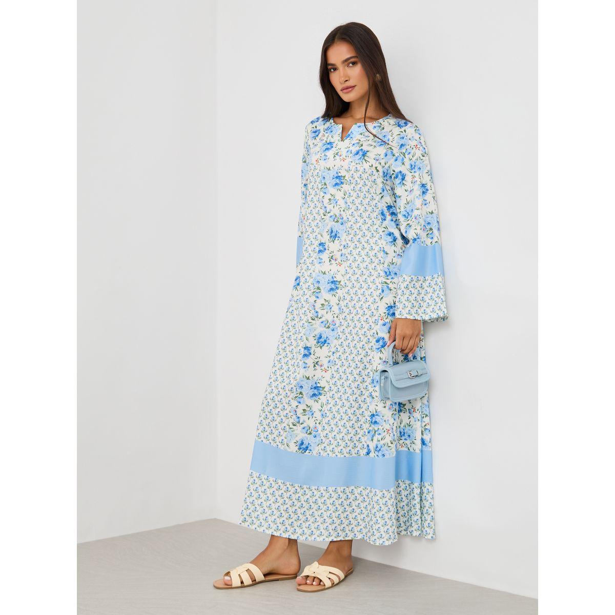 Styli All-Over Print Notch Neck Long Sleeve Jalabiya-women-arabicclothing-jalabiyas-image-1