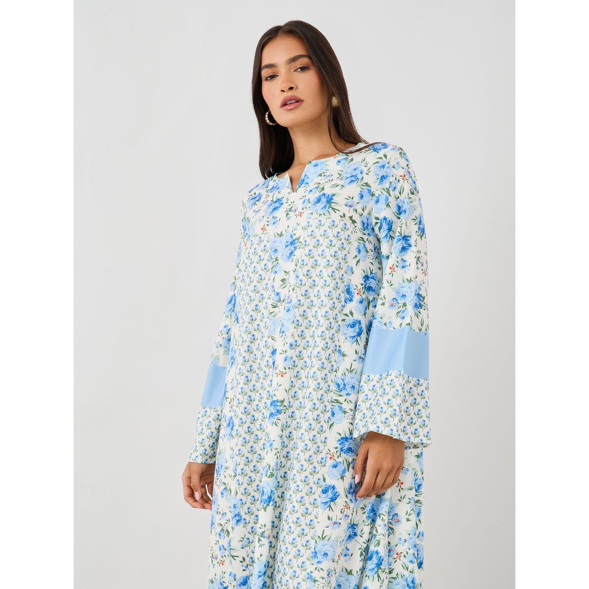 Styli All-Over Print Notch Neck Long Sleeve Jalabiya-women-arabicclothing-jalabiyas-image-3