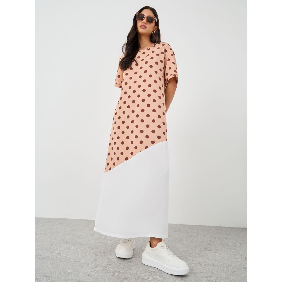 فستان طويل باكمام قصيرة ونمط كتل الألوان-women-clothing-dresses-image-1