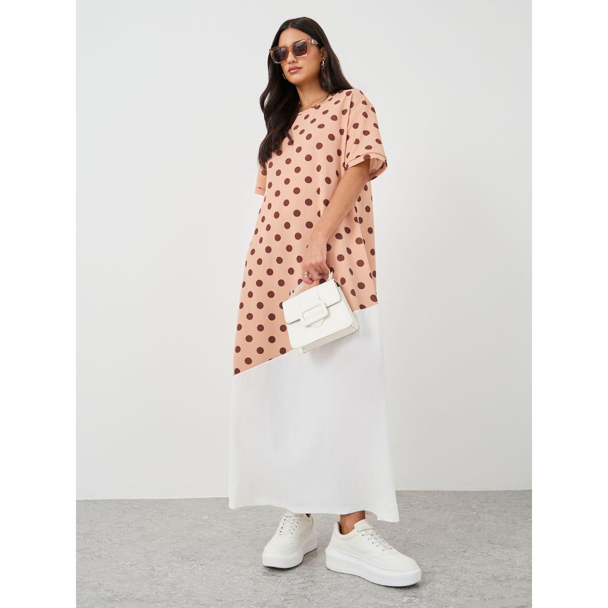 فستان طويل باكمام قصيرة ونمط كتل الألوان-women-clothing-dresses-image-2