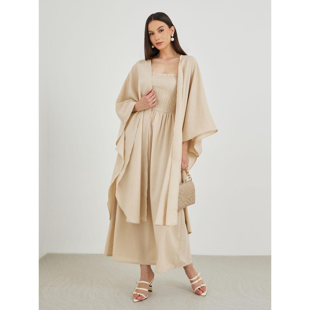 Keenly X Styli Solid Open Front Kimono with Smocking Detail Maxi Dress Set-women-clothing-coordsets-image-1