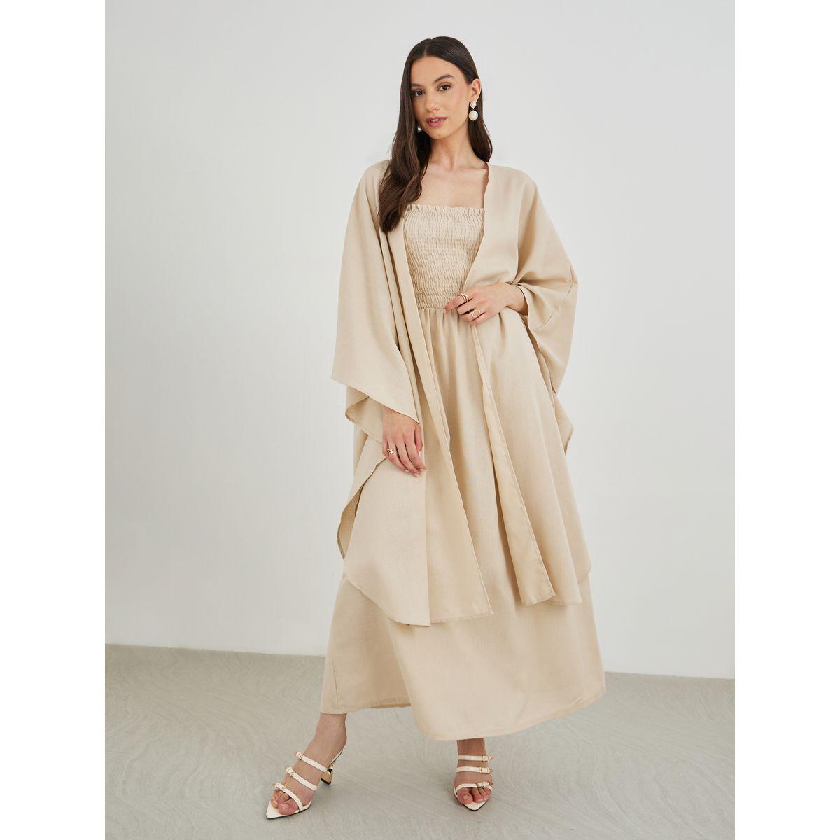 مجموعة من فستان طويل مع كيمونو سادة مفتوح-women-clothing-coordsets-image-2