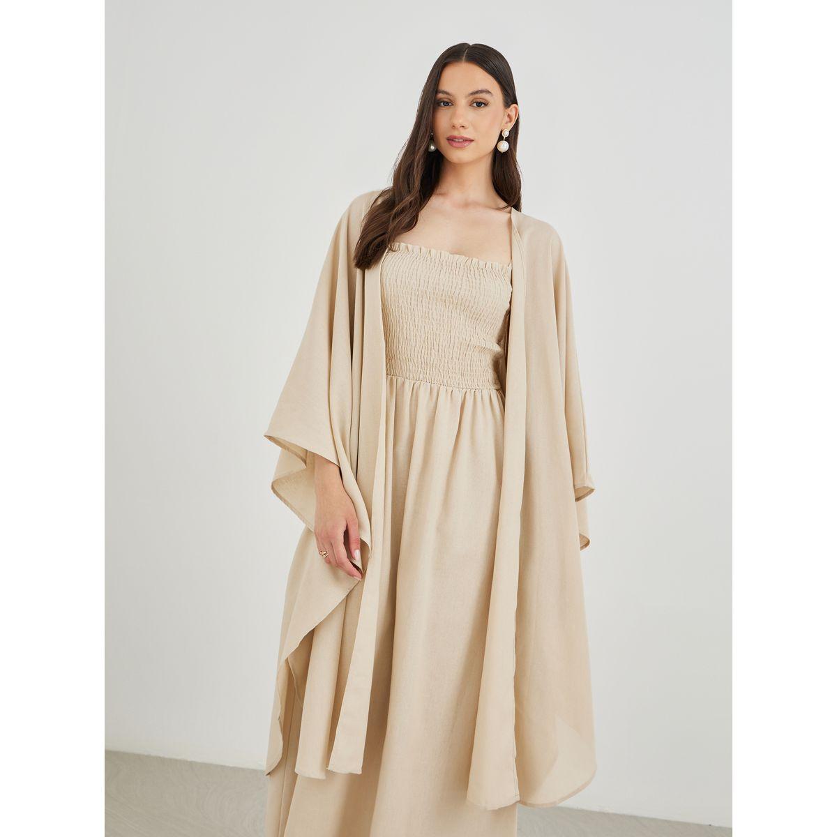 Keenly X Styli Solid Open Front Kimono with Smocking Detail Maxi Dress Set-women-clothing-coordsets-image-4