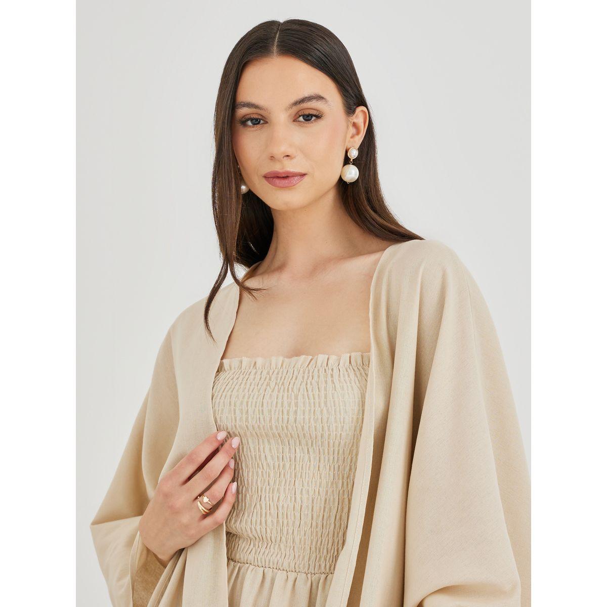 Keenly X Styli Solid Open Front Kimono with Smocking Detail Maxi Dress Set-women-clothing-coordsets-image-5