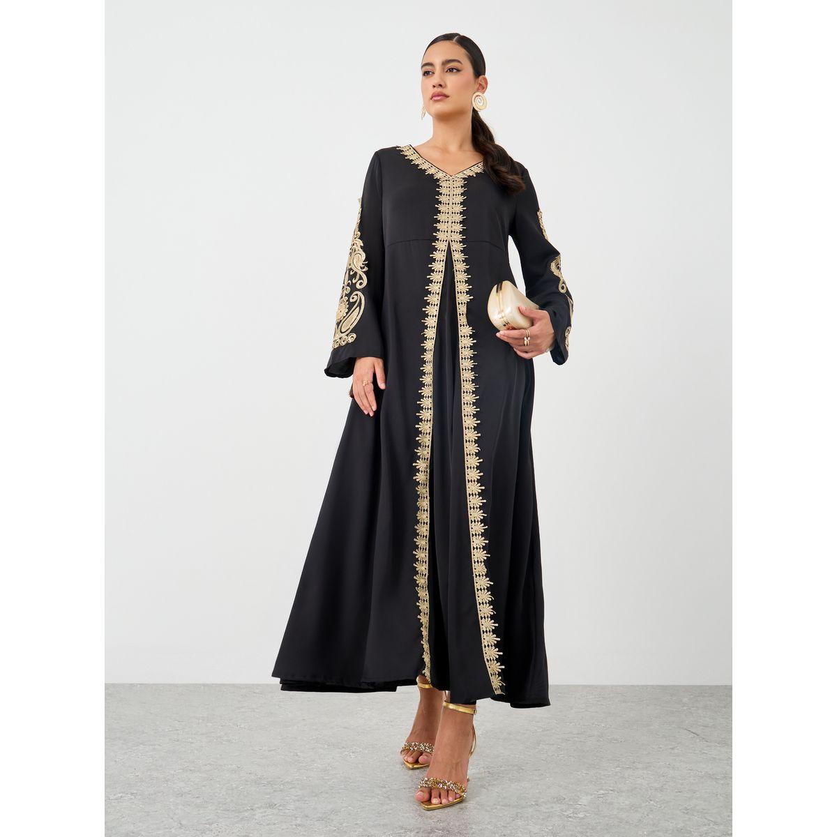 Styli Embroidered Lace Trim Long Sleeve Maxi Dress-women-clothing-dresses-image-1