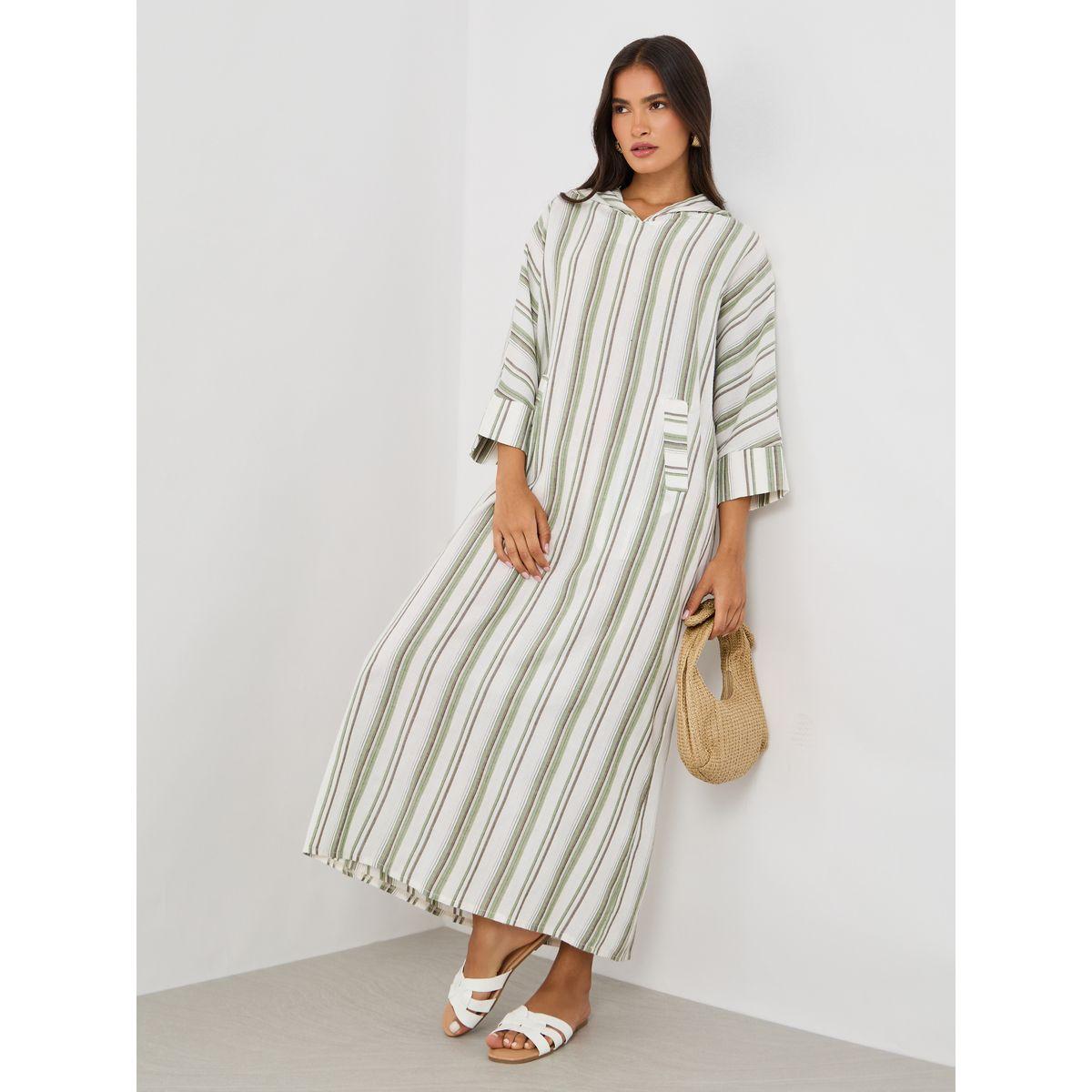 Styli Striped Hooded Pocket Detail Long Sleeve Jalabiya-women-arabicclothing-jalabiyas-image-1