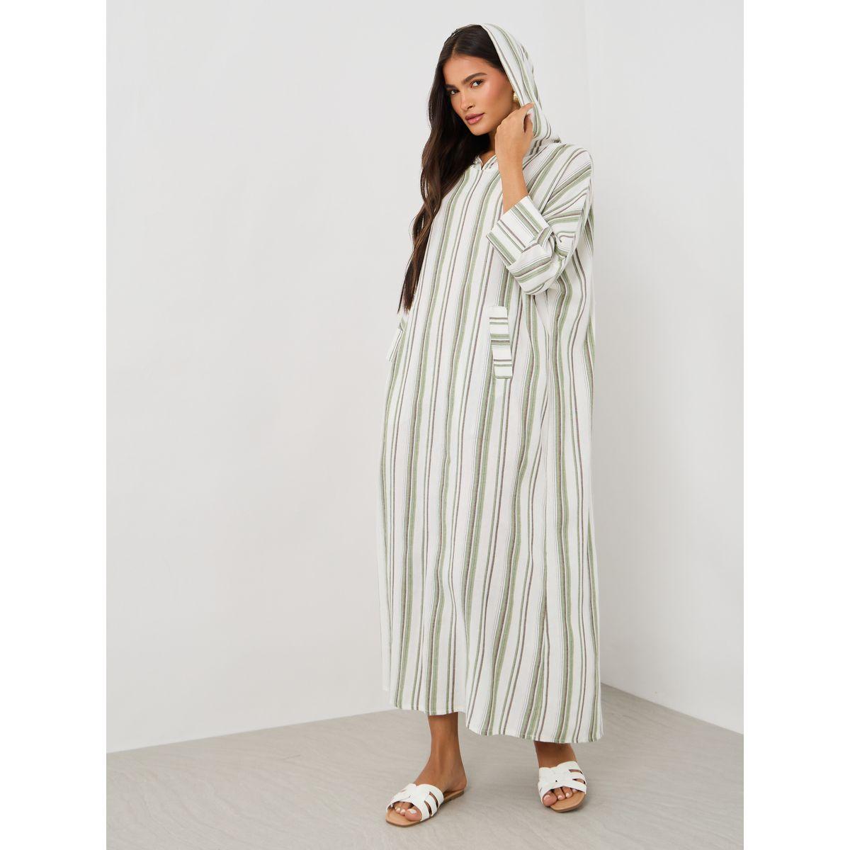 Styli Striped Hooded Pocket Detail Long Sleeve Jalabiya-women-arabicclothing-jalabiyas-image-3