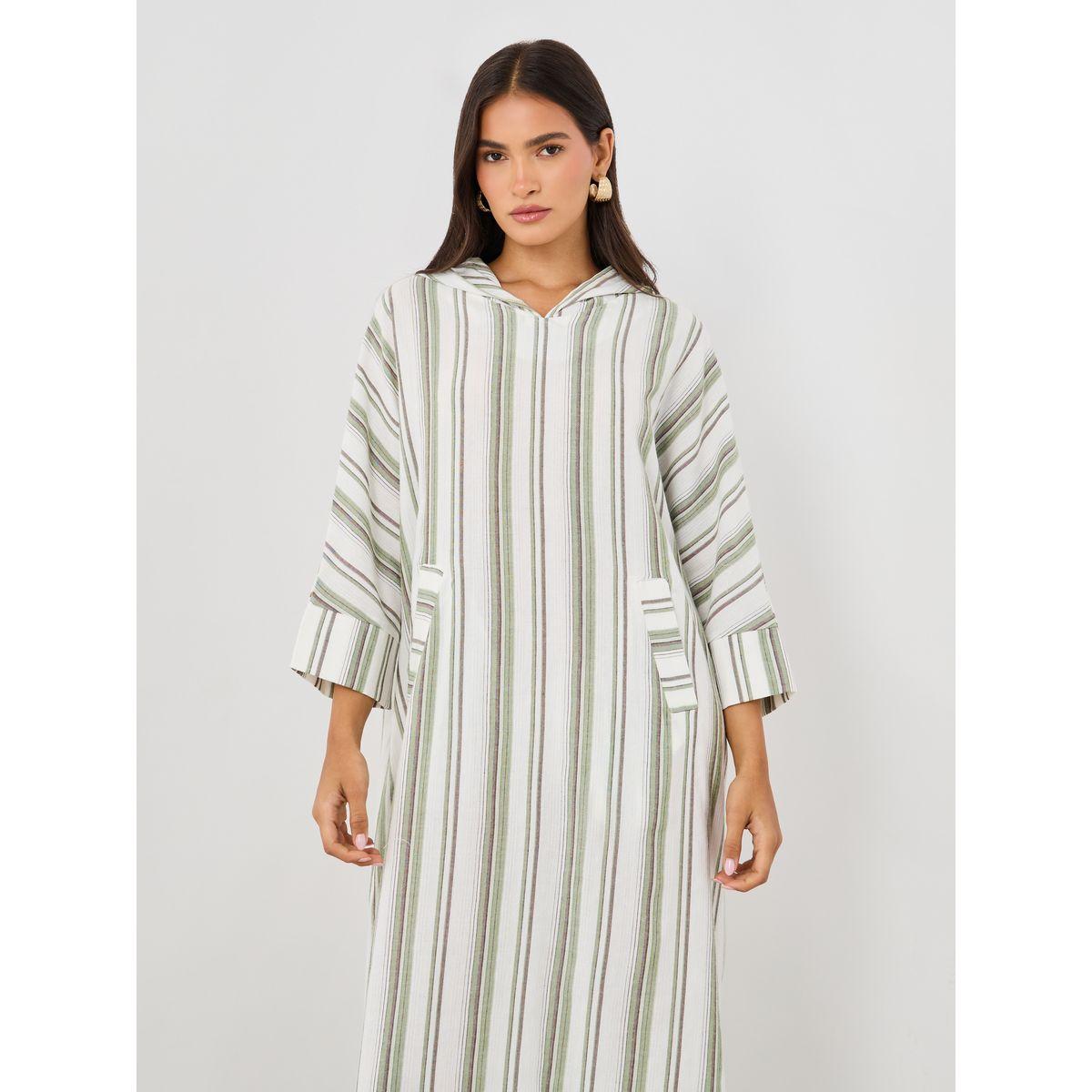 Styli Striped Hooded Pocket Detail Long Sleeve Jalabiya-women-arabicclothing-jalabiyas-image-4