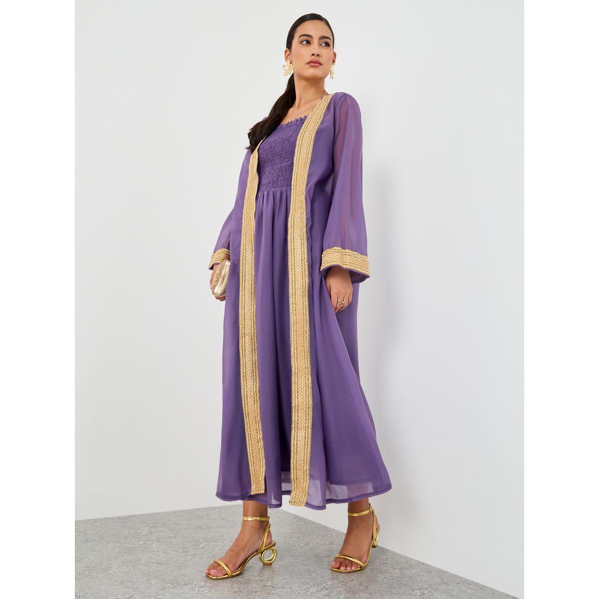 Styli Lace Trim Open Front Abaya with Smocking Detail Dress Set-women-clothing-coordsets-image-1