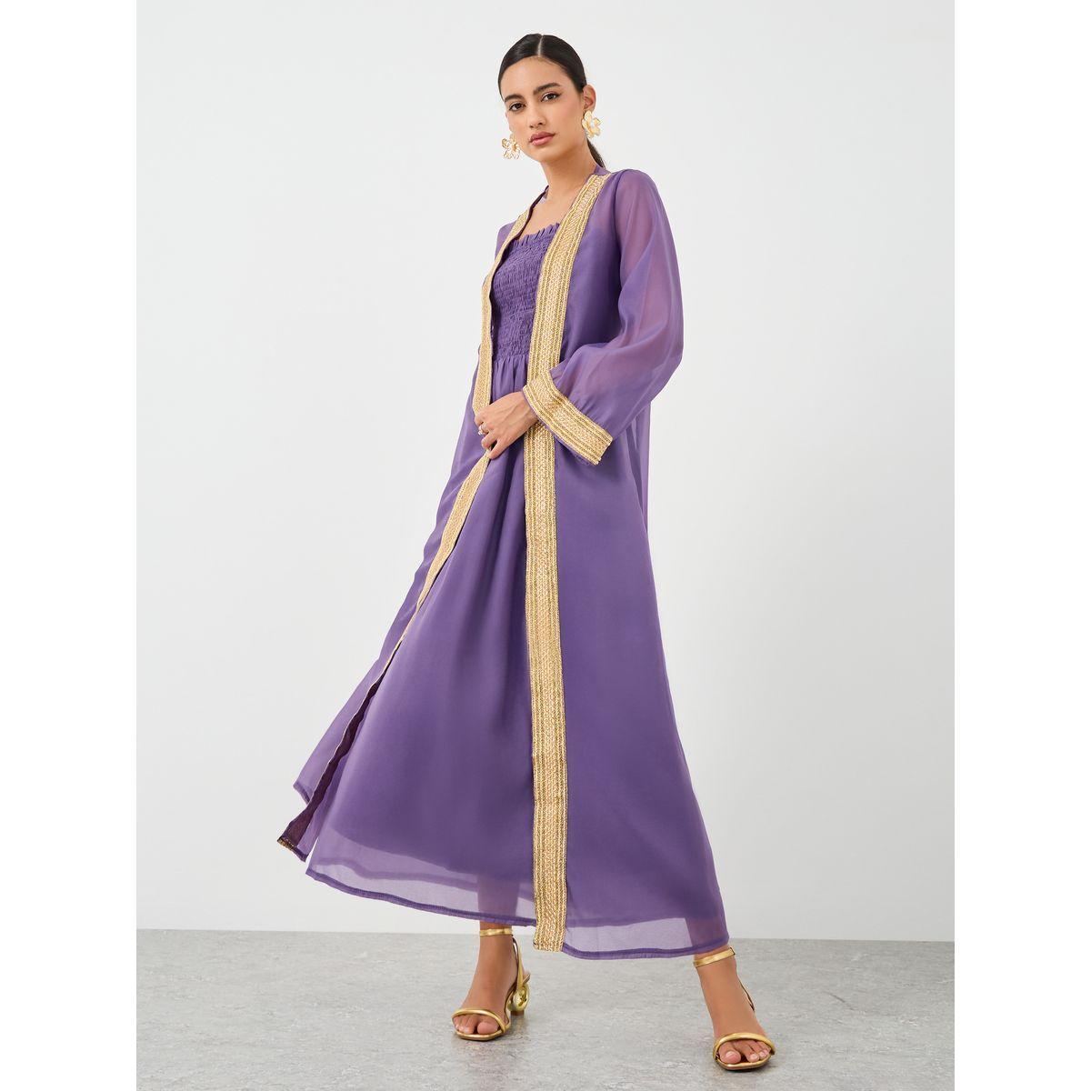 Styli Lace Trim Open Front Abaya with Smocking Detail Dress Set-women-clothing-coordsets-image-2
