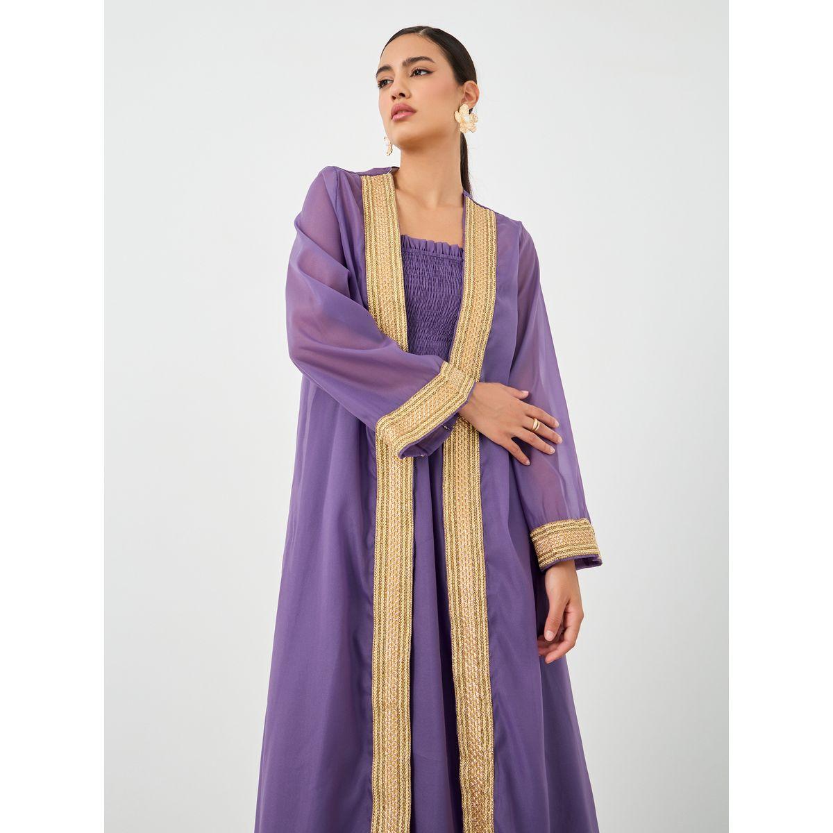 مجموعة من فستان بتفاصيل مزمومة مع كيمونو بدانتيل-women-clothing-coordsets-image-3