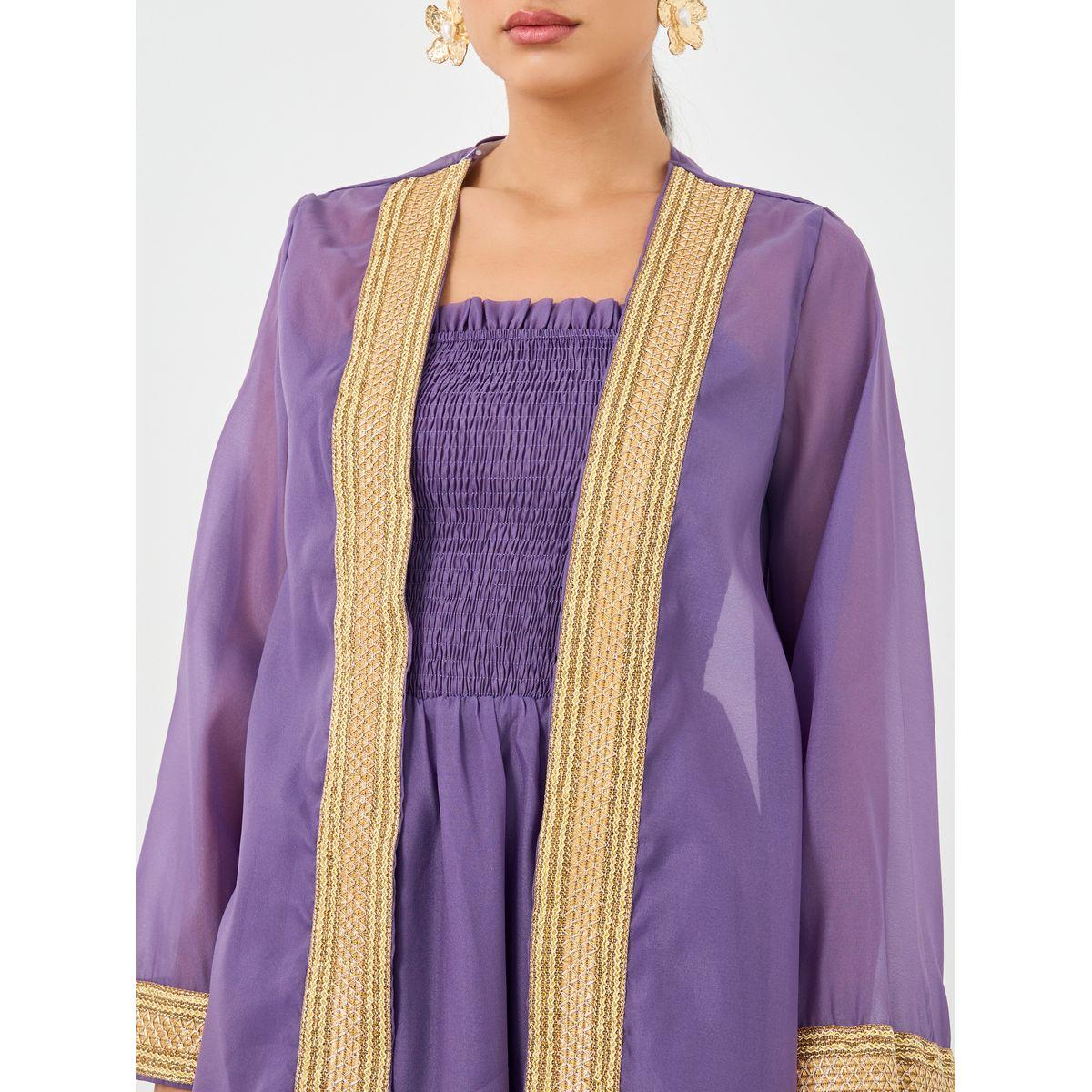 مجموعة من فستان بتفاصيل مزمومة مع كيمونو بدانتيل-women-clothing-coordsets-image-4
