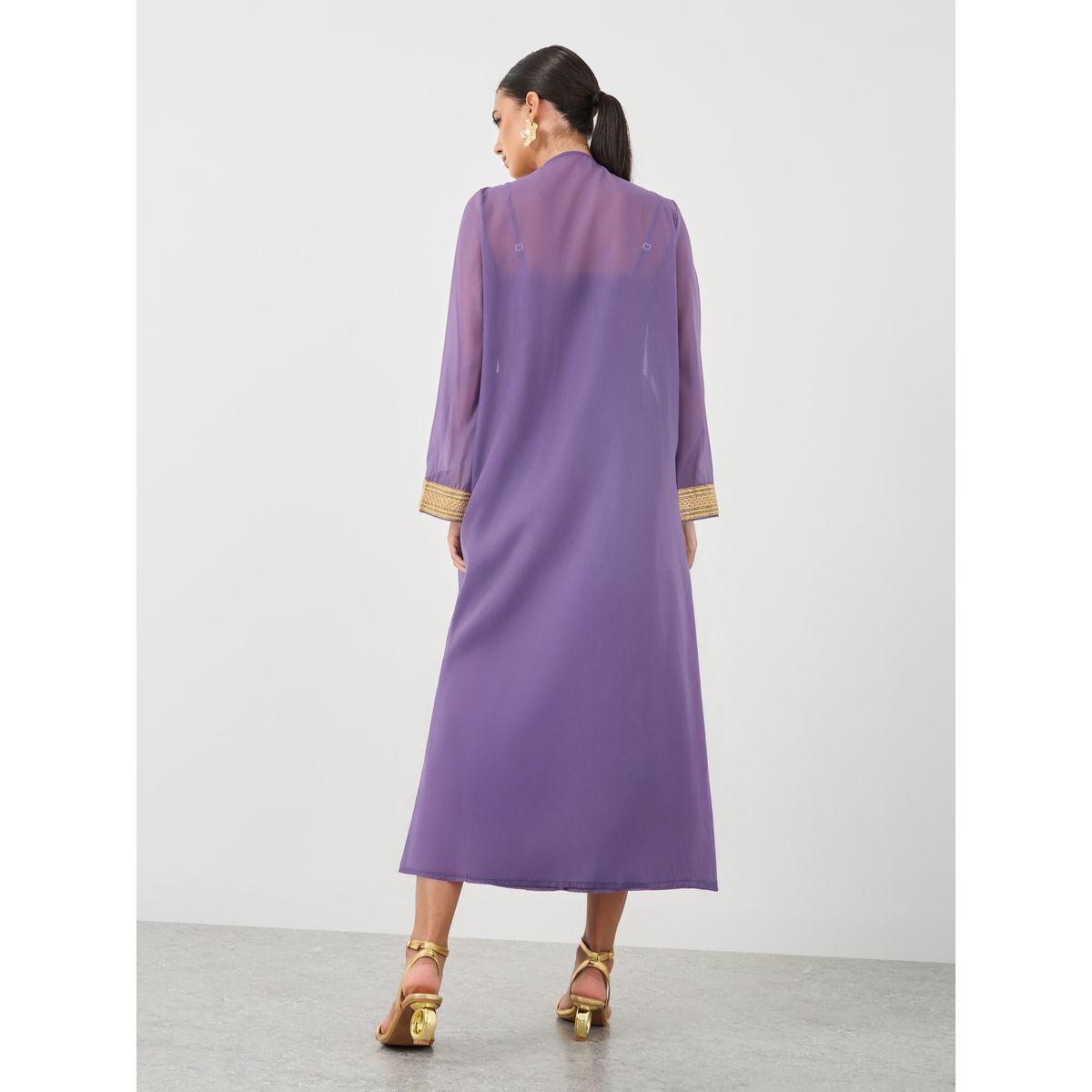 Styli Lace Trim Open Front Abaya with Smocking Detail Dress Set-women-clothing-coordsets-image-6