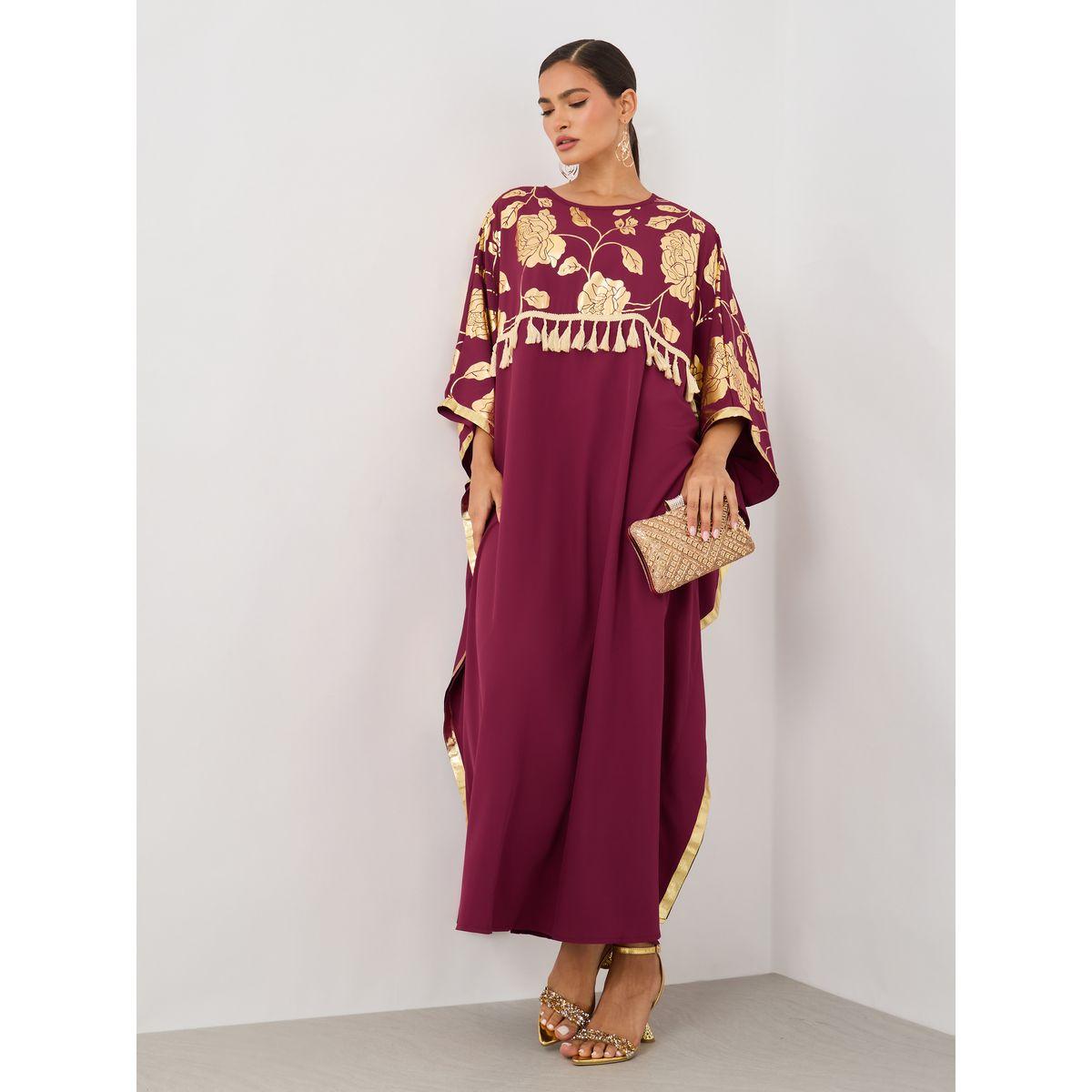 قفطان طويل بطبعة زهور وشراشيب-women-arabicclothing-kaftan-image-1