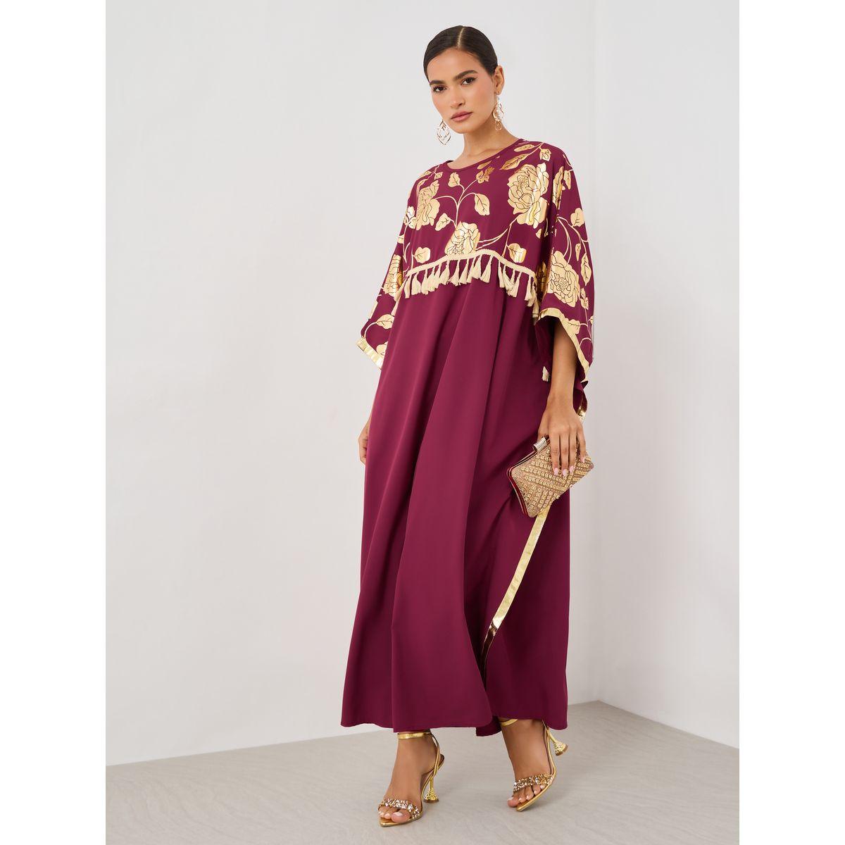 قفطان طويل بطبعة زهور وشراشيب-women-arabicclothing-kaftan-image-2