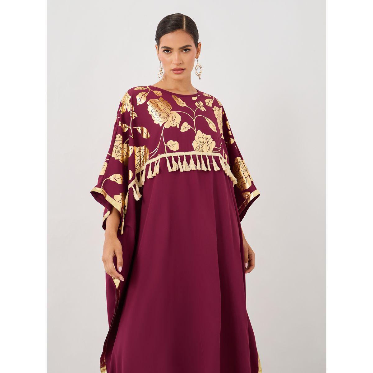 قفطان طويل بطبعة زهور وشراشيب-women-arabicclothing-kaftan-image-3