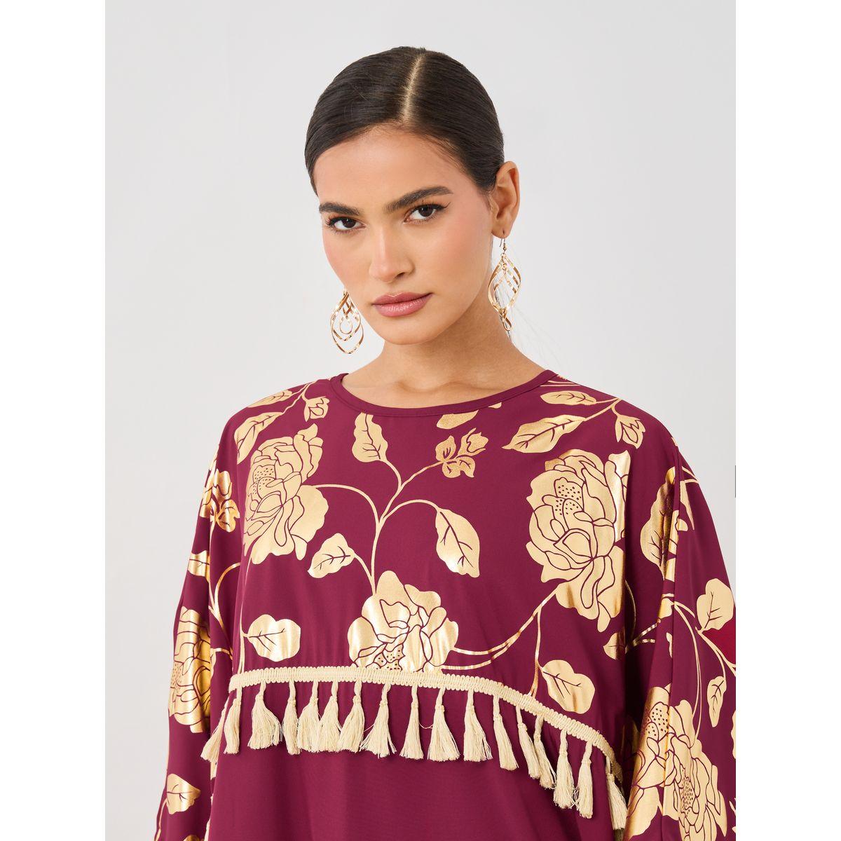 قفطان طويل بطبعة زهور وشراشيب-women-arabicclothing-kaftan-image-4