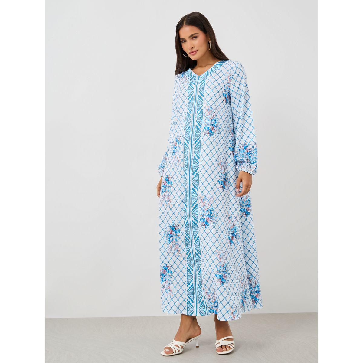 جلابية طويلة بطبعة مربعات وأكمام طويلة-women-arabicclothing-jalabiyas-image-1
