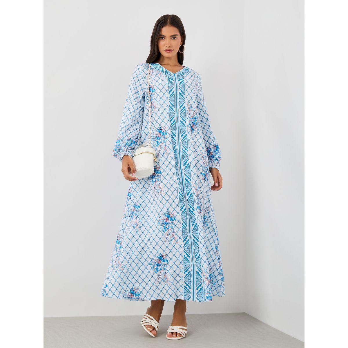Styli Checked Print V-Neck Long Sleeve Maxi Jalabiya-women-arabicclothing-jalabiyas-image-2