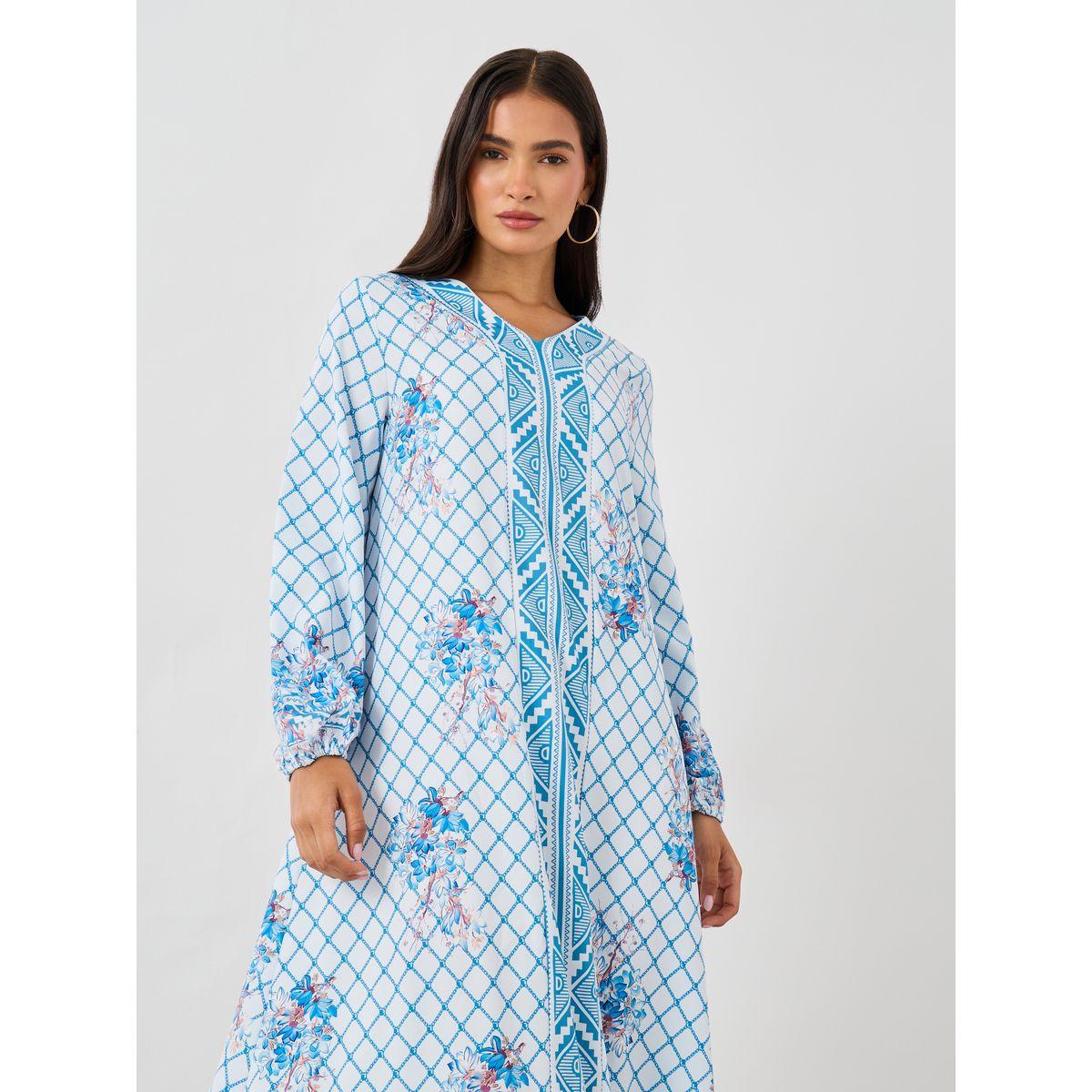Styli Checked Print V-Neck Long Sleeve Maxi Jalabiya-women-arabicclothing-jalabiyas-image-3