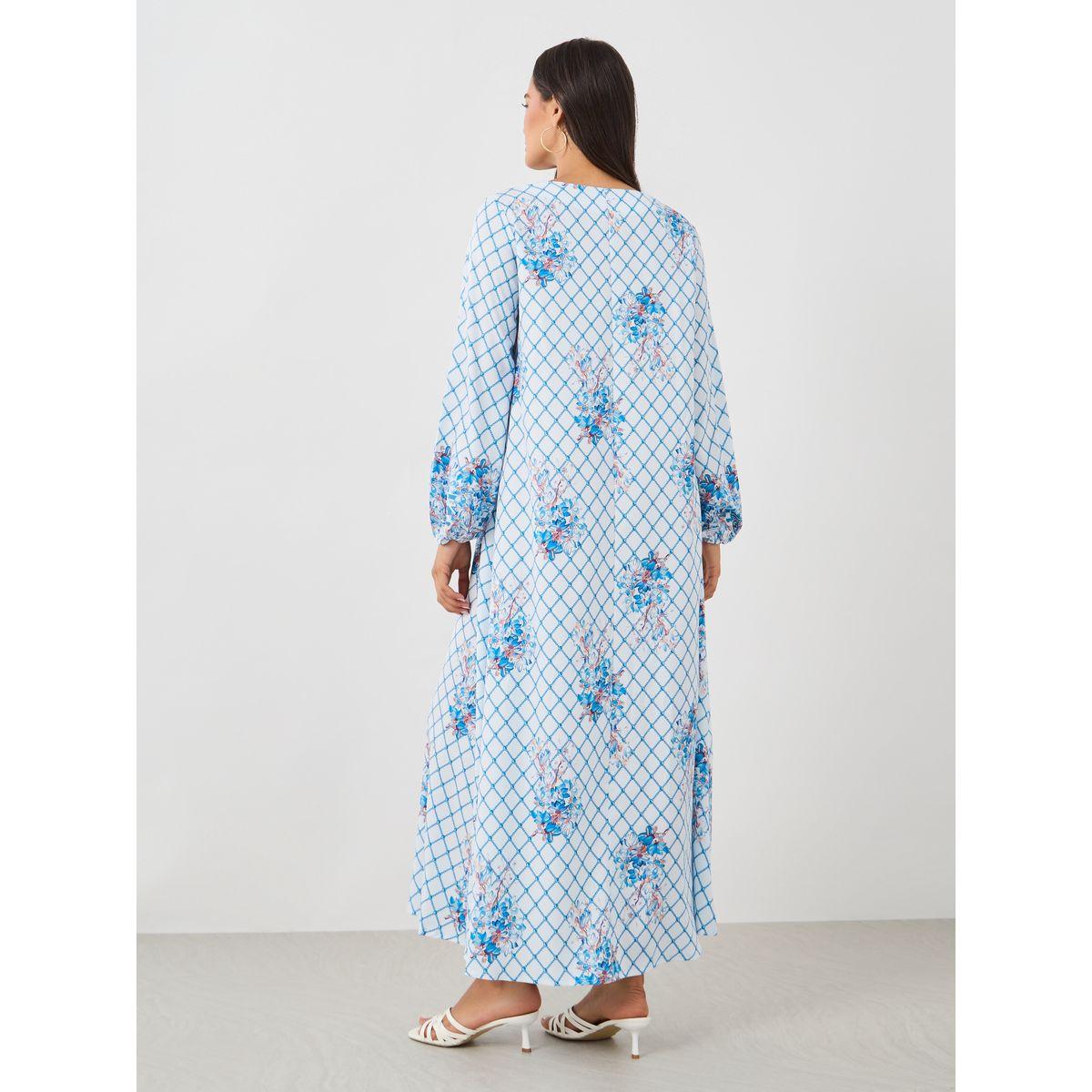 جلابية طويلة بطبعة مربعات وأكمام طويلة-women-arabicclothing-jalabiyas-image-5