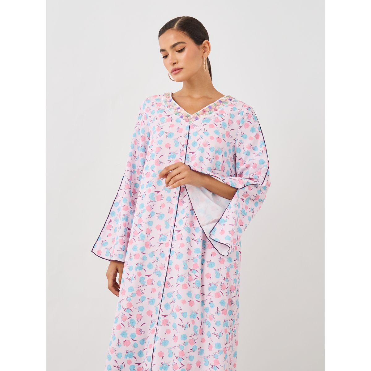 Styli All-Over Print V-Neck Slit Sleeve Maxi Jalabiya-women-arabicclothing-jalabiyas-image-3