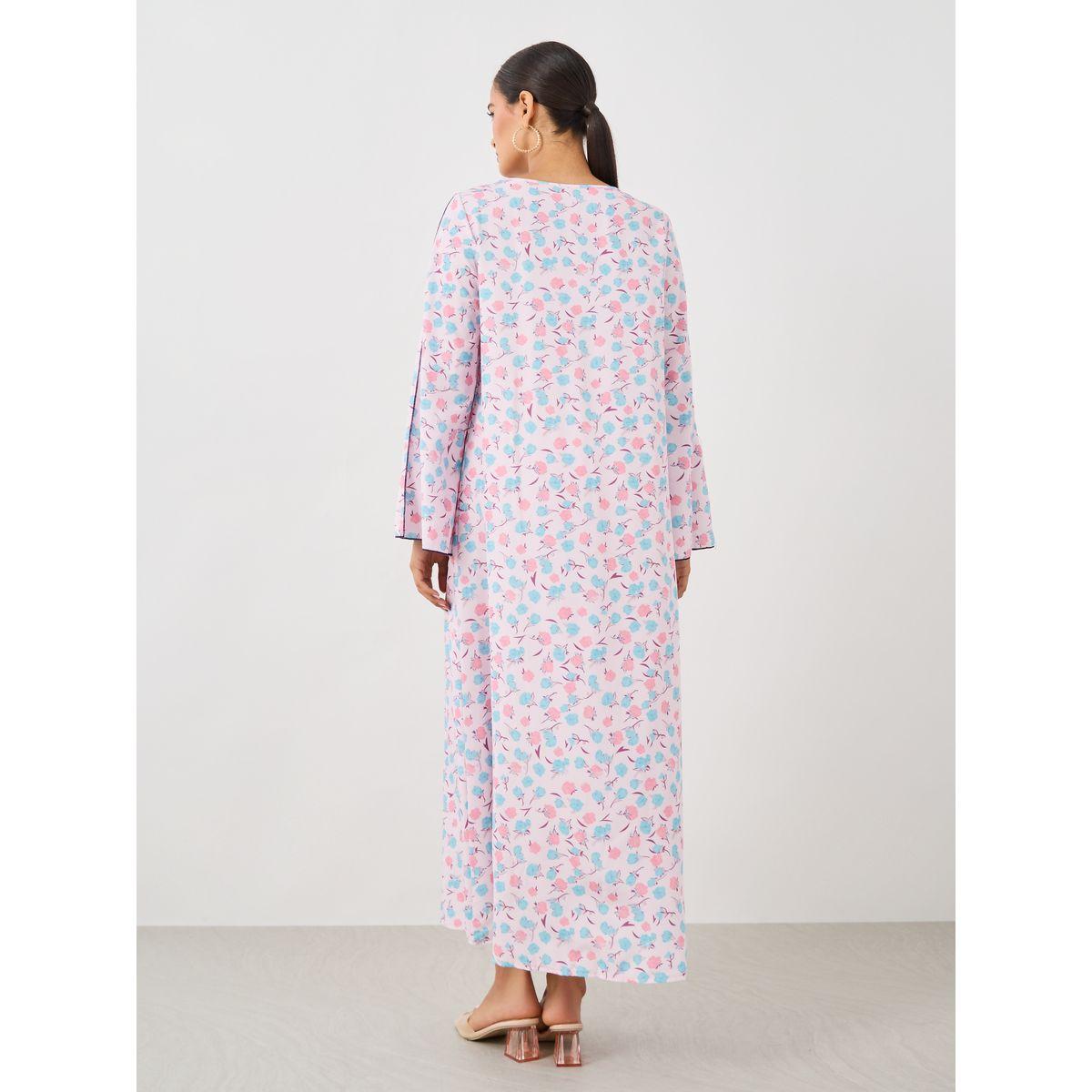 Styli All-Over Print V-Neck Slit Sleeve Maxi Jalabiya-women-arabicclothing-jalabiyas-image-6