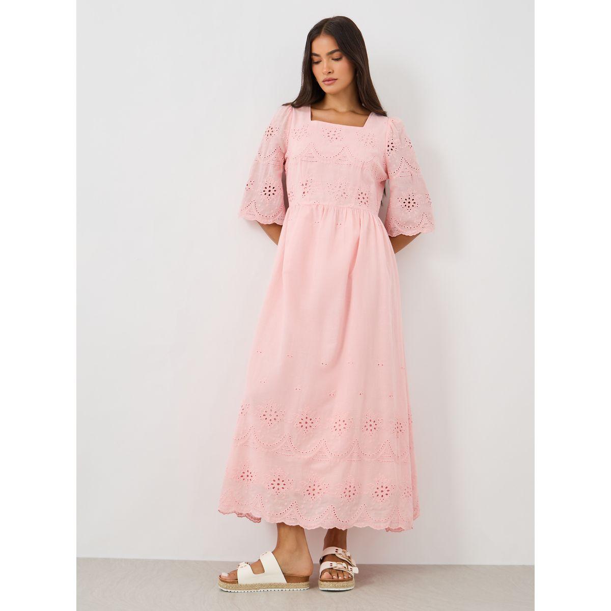 Styli Solid Embroidered Short Sleeve Midi Dress-women-clothing-dresses-image-1