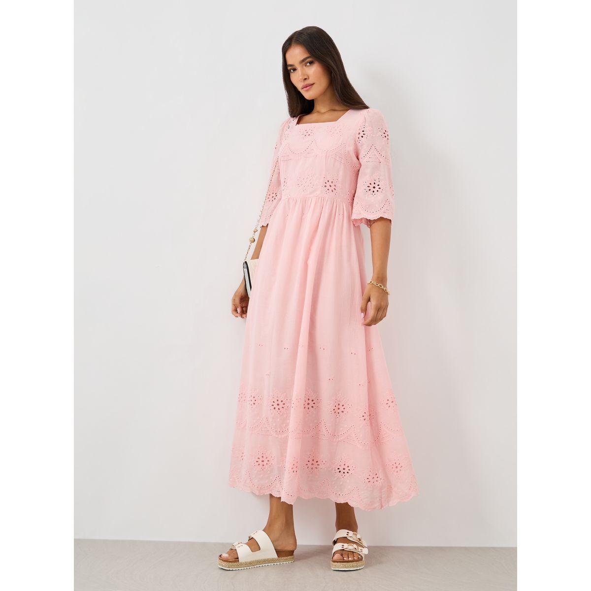 Styli Solid Embroidered Short Sleeve Midi Dress-women-clothing-dresses-image-2