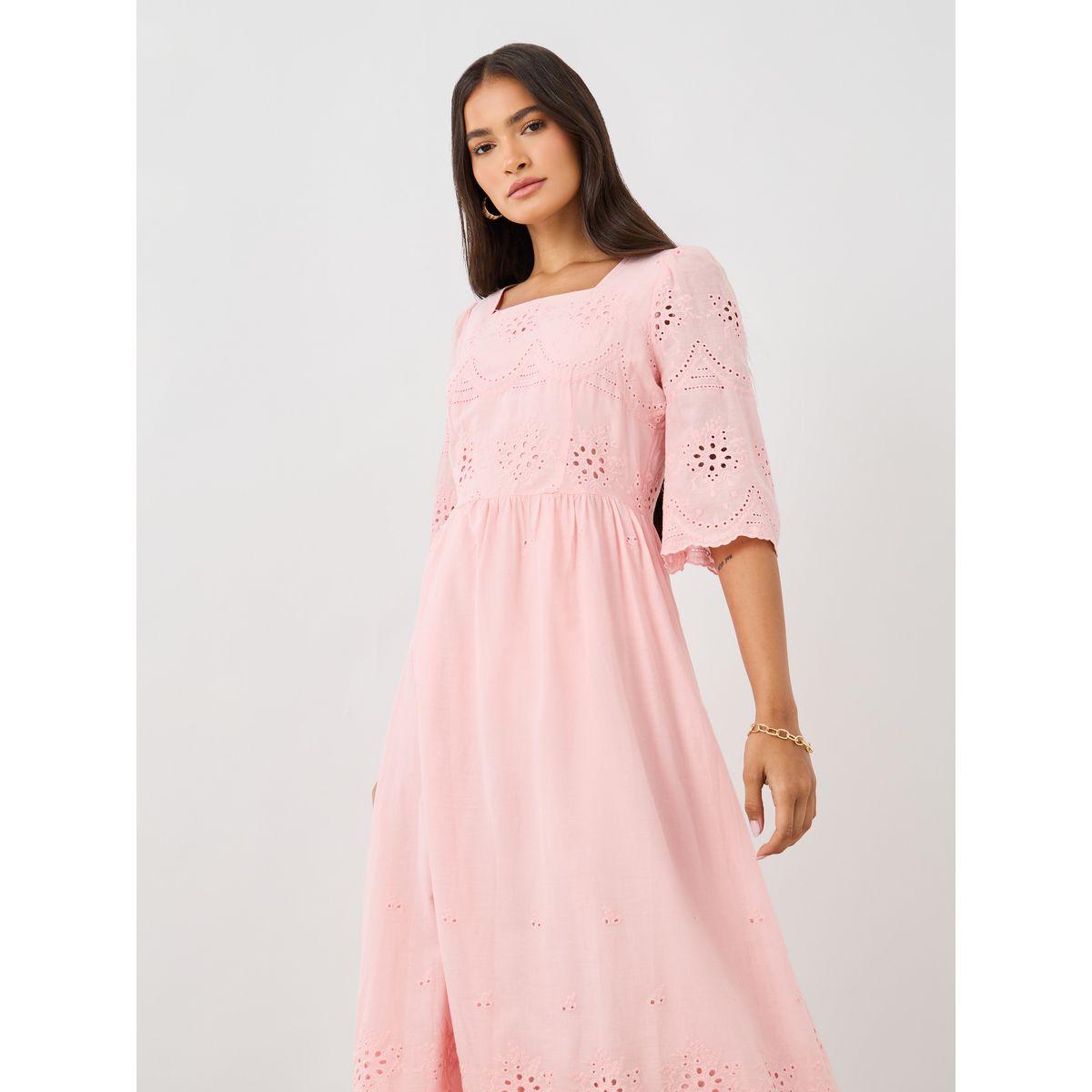 Styli Solid Embroidered Short Sleeve Midi Dress-women-clothing-dresses-image-3