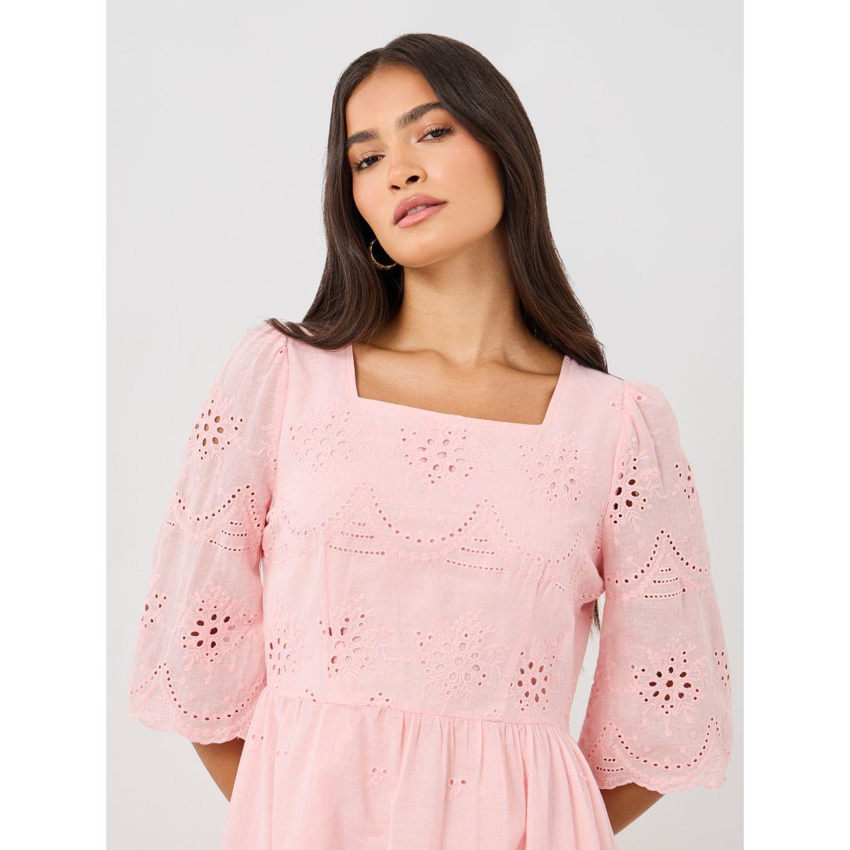 Styli Solid Embroidered Short Sleeve Midi Dress-women-clothing-dresses-image-4