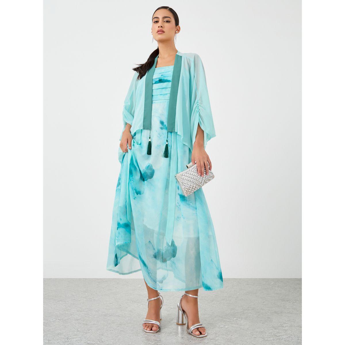 Styli Dye Print Open Front Tassel Detail Kimono with Midi Dress Set-women-clothing-coordsets-image-1