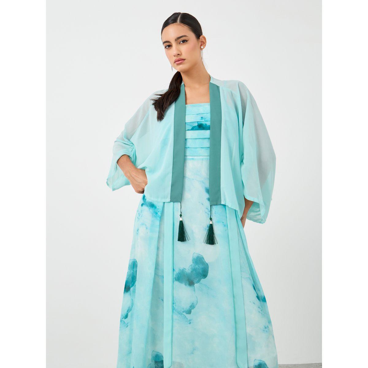 Styli Dye Print Open Front Tassel Detail Kimono with Midi Dress Set-women-clothing-coordsets-image-2