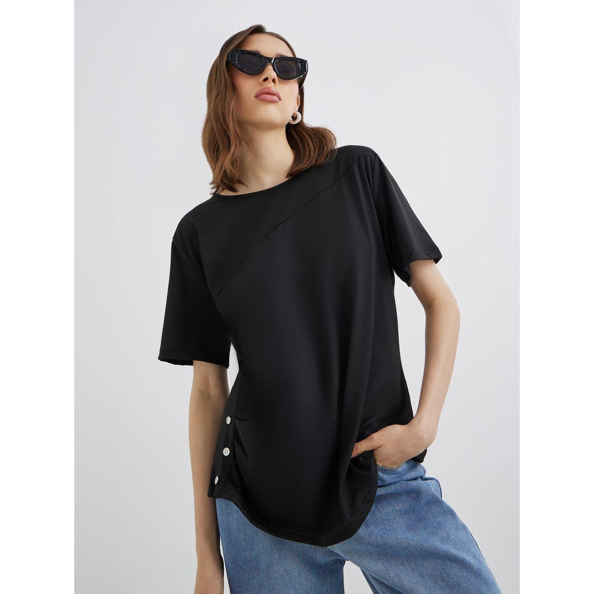 Styli Black Solid Button Detail Regular Fit T-Shirt-women-clothing-tshirts-image-1